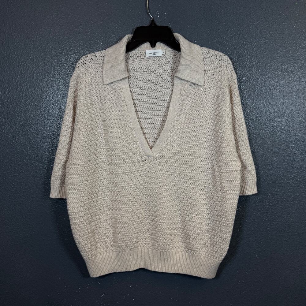 The Reset R Label XL women beige Linen Cotton Knit Polo Sweater Short Sleeve